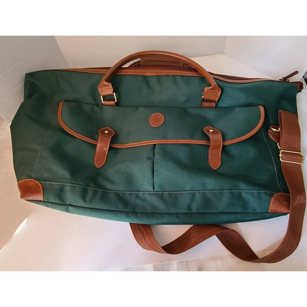 Polo Ralph Lauren Green Canvas Leather Trim Garment Duffle Bag Carry On Travel